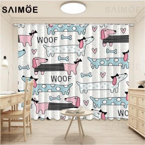 Dachshund Window Curtains Cartoon Dog Curtain For Living Room Decor Geometric Striped Kids Bedroom Curtain Ultra Micro Shading