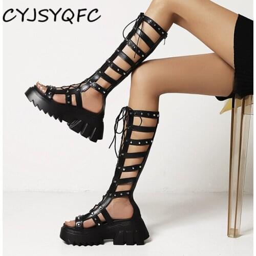 CYJSYQFC Roma Gladiator Comfy Walking Chunky Heels Platform Women Sandals Punk Gothic Style Rivets Peep Toe Lace Up Lady Shoes