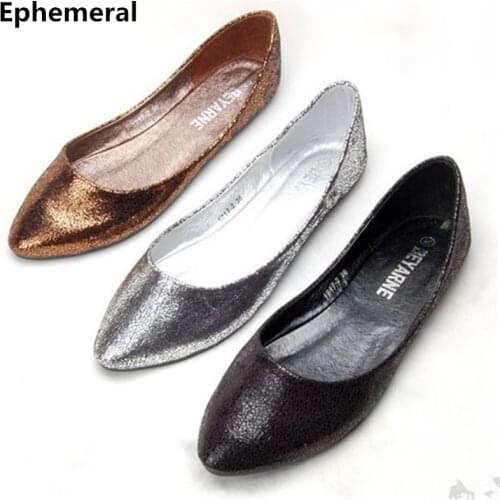 Lady Big Size 33-48 Soft Comfortable Leisure Pointed Toe Flattie Blasting Cracks Thin Shoes In Spring Summer Silver Black Brown