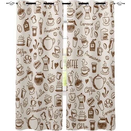 Hand Drawn Art Coffee Cup Donut Window Curtain Living Room Bathroom Kitchen Curtains Luxury Home Decor