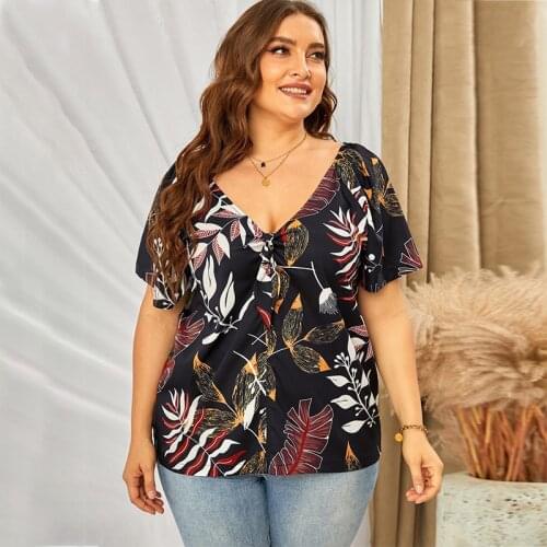 4XL 5XL Plus Size Blouse Woman 2021 Summer V Neck Short Sleeve Leaves Print Casual Blouse Loose Big Size Ladies Tunic Tops