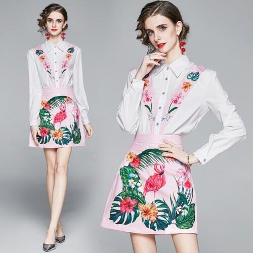Long Sleeve White Blouse Shirt Women Top and Skirt Two Peice Set Fashion Design Floral Print Streetwear Outfit Suit Matching Set