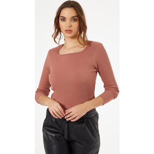 Womens Color Rose Square Collar Ribbed Slim Sweater