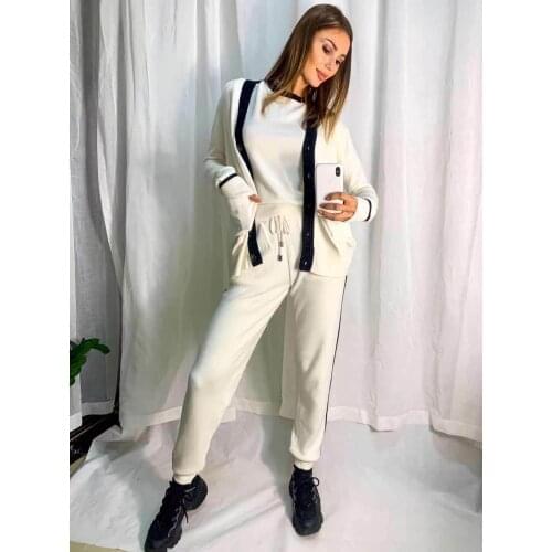 2020 V-neck Cashmere Full Wool Knit Womens Suit 3 Long-sleeved Tops And Cardigans Trousers New Winter Sweater Three-piece