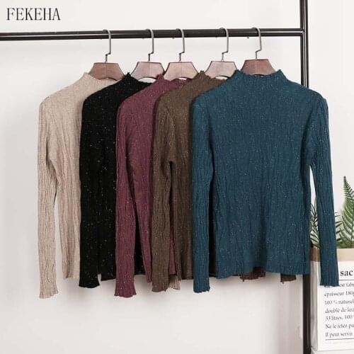 Autumn Winter Women Knitted Sweater Long Sleeve Pullover Mock Neck Lady Knitwear Tops Jumper