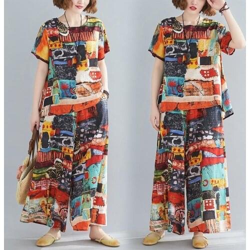 Women Casual Set Summer Vintage Short Sleeve Print T-shirt and Wide Leg Pants Suits Ladies Fashion 2 Piece Set Plus Size L525