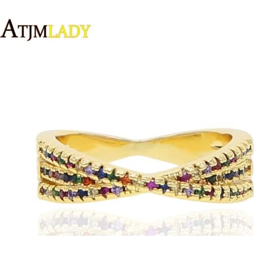 2020 New Arrived High Quality Cross Criss Ring With Rainbow Cubic Zirconia Gold Filled Cute Minimal Dainty Cz Women Finger Ring
