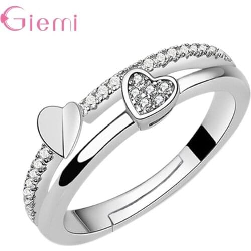 Real 925 Sterling Silver Double Heart Pattern Adjustable Open Wedding Engagement Rings For Women Fashion Jewelry Accessory