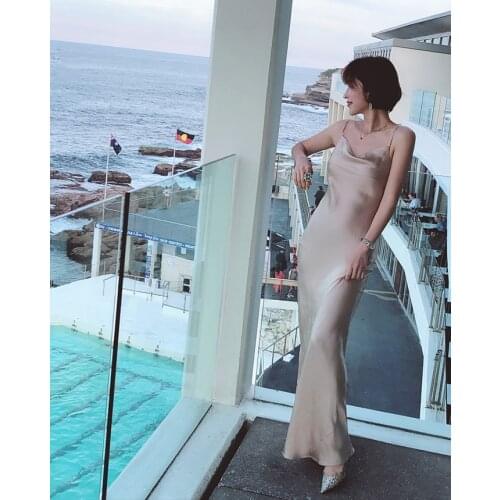 Ladies Silk Satin Solid Champagne Color Open Back/Backless Long Mermaid Dress With Spaghetti Strap & Side Vents