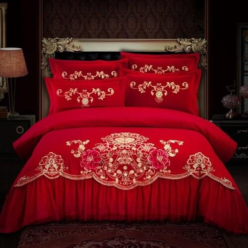 100%Cotton Red Lace Chinese Wedding Embroidery Luxury Bedding set 4Pcs Queen King size Duvet cover Bed sheet set