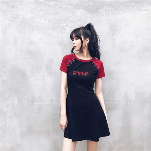 Ruibbit Summer Women Dress Black Red Stitching Embroidery A-Line Dress O Neck Short sleeve Sexy Slim Mini Gothic Girls Dresses