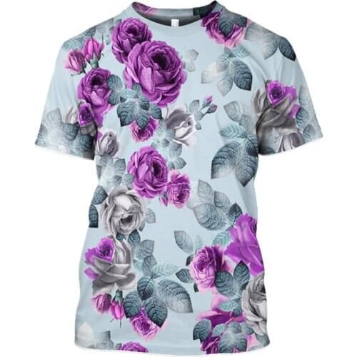 2021 fashion rose flower print round neck ladies T-shirt, summer casual short-sleeved girl childrens T-shirt, loose big size ro