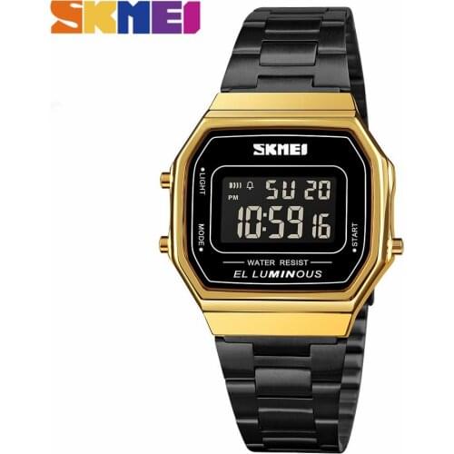 SKMEI Trend Square Men Electronic Watch Sport Waterproof LED Stainless Steel 12/24 Hour Gold Black Male Digital Wristwatch 1647