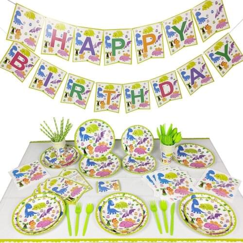 Dinosaur Theme Party Disposable Tableware Set Paper Plate Cup Tablecloth Aluminum Balloon Birthday Party Supplies for Kid Boy