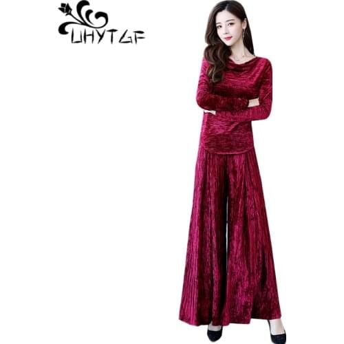 UHYTGF 2 piece sets womens outfits quality gold velvet wide-leg pants spring autumn two piece set pullover tops elegant suit 895