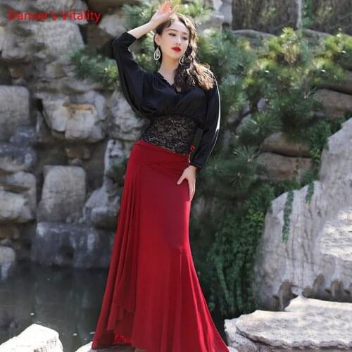 Belly Dance Suit Lace V-neck Top Split Long Skirt Practice Clothes Set Female Adult Autumn And Winter Performance Clothing