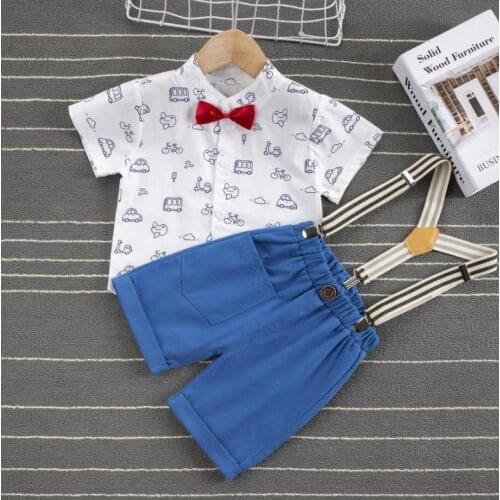 Summer Boys Shirt Shorts Set Toddlers Car Printing Short Sleeve Bow Tie Top Suspender Short Formal Party Clothes Set