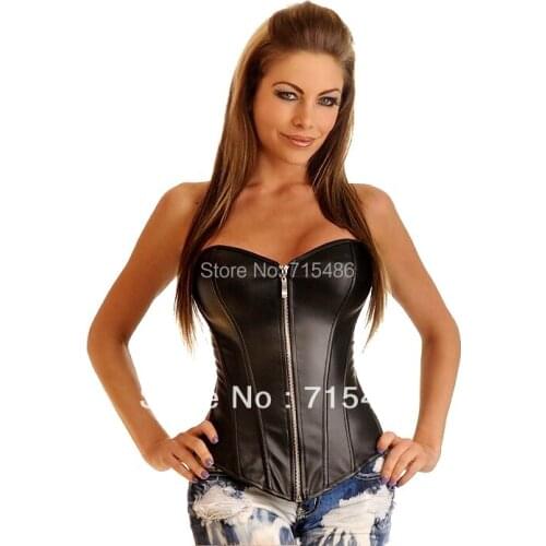 Hot Selling Free Shipping Strapless Vegan Leather Zipper Corset with G-string Sexy Lingerie Shaper