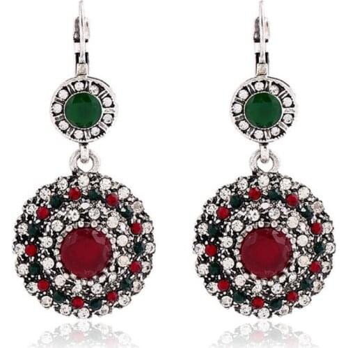 Fashion round antique silver color Bohemian style womens mix color rhinestone pendant earrings one pair xye244