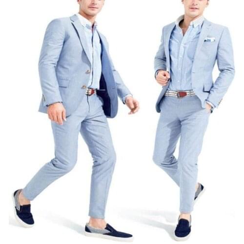 Mens Suits For Wedding Light Blue Spring Summer Beach High Street Regular Fit Blazer Jackets Pants Prom Party Costumes