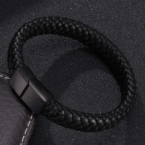 Bracelet for Men Black Braided Leather Handmade Bangles Stainless Steel Magnetic Clasps Male Wrist Band Fashion Jewelry