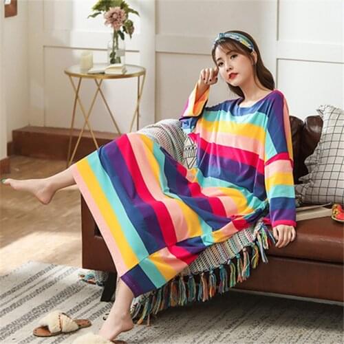 Nightdress color stripes summer ladies plus fat XL sleep dress cotton simple pregnant women dress loose home service pijamas
