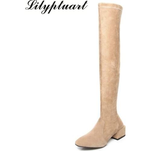 2019 new sheep suede and elastic cloth material rubber soles elastic socks boots square head with thick heel fashion boots