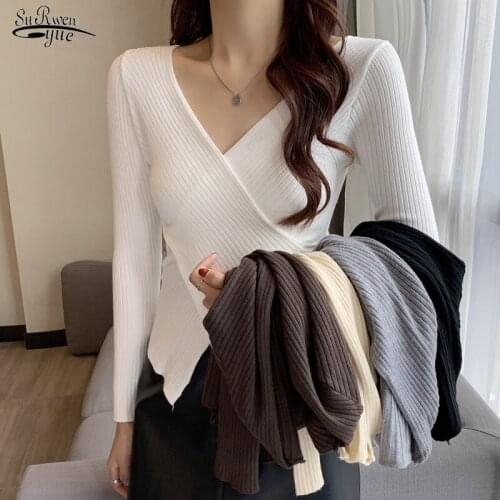 2021 Autumn Bottomed Versatile Slim Sweater V-neck Knitted Sweater Women Winter Korean Pullover Elegant Long Sleeve Shirt 16157