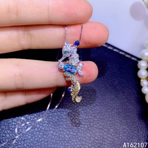 Exquisite Jewelry 925 Sterling Silver Inlaid With Natural Blue Topaz Girls Fashionable Seahorse OL Style GEM PENDANT NECKLACE S