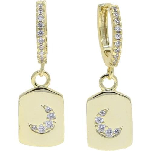 Simple Cute Lovely Fashion Girl Jewelry CZ Moon Engraved Tag Charm Dangle Earring