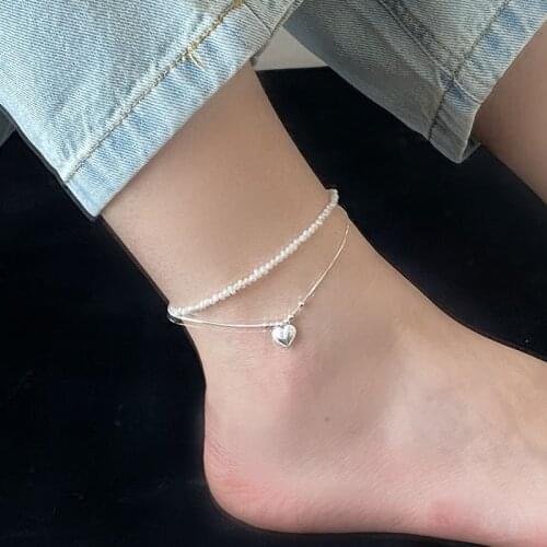S925 sterling silver double pearl love anklet womens day Korea simple handmade round bead anklet