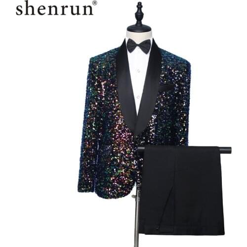 Shenrun Men Tuxedo Stage Costume Banquet Party Prom Suit Shawl Lapel Chorus Performance Embroidery Sequins Singer Host Dancer
