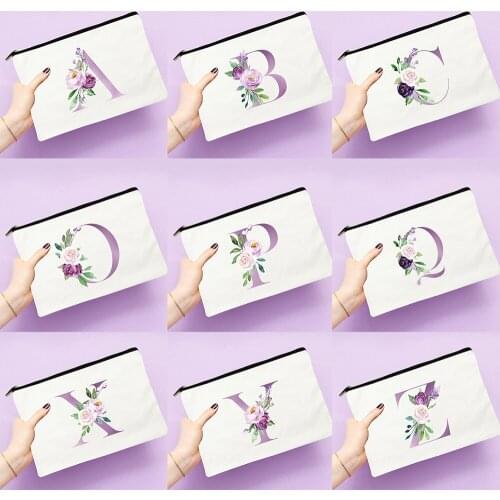 Fashion Purple Flowers Alphabet Cosmetic Make Up Bags Harajuku Aesthetic Toiletry Zipper Pouch Purse Jewelry Pencil Organizer