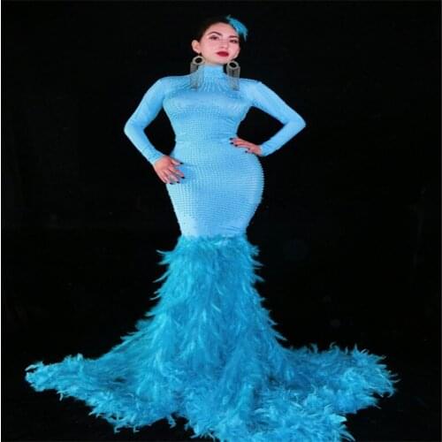 Y45 Singer blue color rhinestone evening dress feather long skirt female stage dance costumes party wears outfits long sleeve DJ