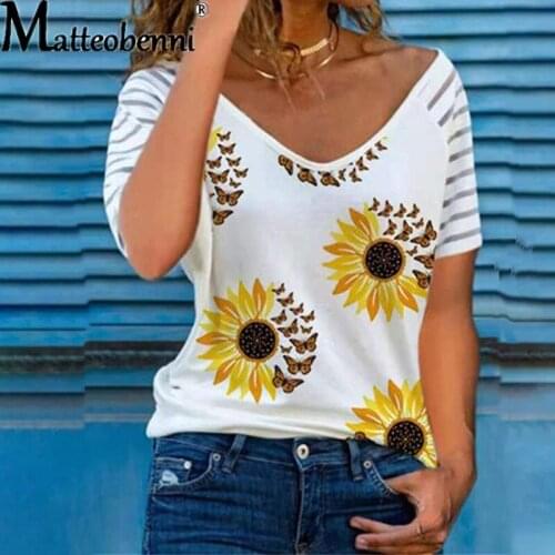 Women Fashion Casual Loose T Shirt Flower Printed Short Sleeve Tops 2021 Summer Oversized V Neck Ladies Streetwear T Shirts Top