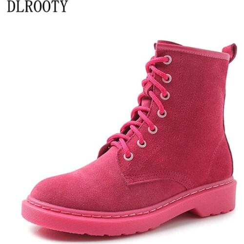 Women Ankle Martin Boots 2018 Autumn Female Casual Shoes Genuine Leather Flat Fashion Platform Round Toe Lace Up Plus Size 34-43