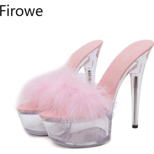 Firowe Women Fur Slides Sexy Super High Heels 15cm Stiletto Clear Transparent Platform Slippers Crystal Shoes Wedding Shoes