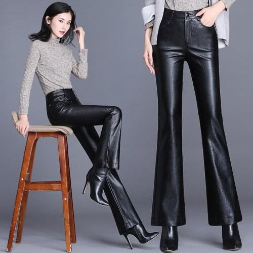 4XL Fashion Temperament Pu Leather Flared Pants Women Elastic Force Pants Spring Autumn Lady High Waist Personality Leather Pant