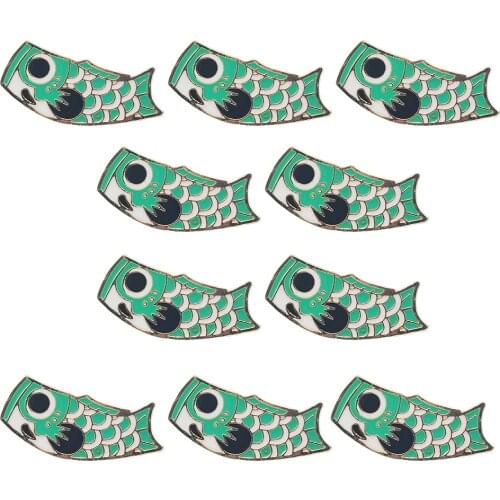10pcs Japanese-Style Green Koi Fish Flag Brooch Enamel Pin Backpack Lapel Pins Briefcase Badge Jewelry Accessories For Friend
