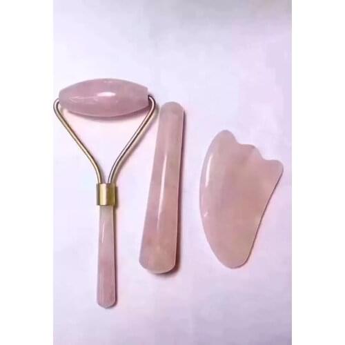 100% 3pcs pure natural pink quartz crystal gem massage stick.Scrapping plate
