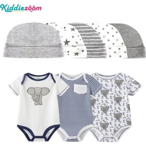 Newborn Unisex Baby Boy Girl Bodysuit Set Short Sleeve Cotton Soft 0-12M Baby Bodysuits+Hats Set Infant Clothing Roupas de bebe