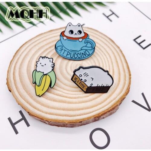 Cartoon Animal Cat Brooch Coffee Cup Banana Enamel Pin button Badge For Kids Friends Fashion Jewelry Bag Hat Shirt Accessories