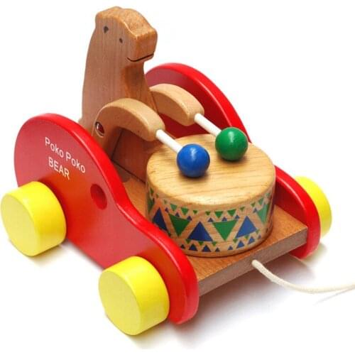 Wooden Bear Drum Car Toy Sound Percussion Early Education Educational Unisex Children Drag Toddler Classic Puzzle Toy 16*14*14Cm