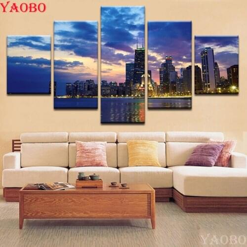 DIY Diamond Painting Cross Stitch City Night View Building Mosaic Embroidery 5D Full Square Round Drill Home Decor 5pc/sset