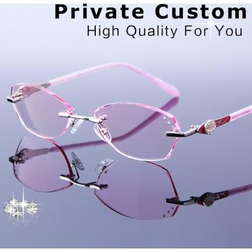 Famous Brand Reading Glasses Female Luxury Lenses Myopia Glasses Rhinestone Rimless Prescription Women Progressive Eyeglasses