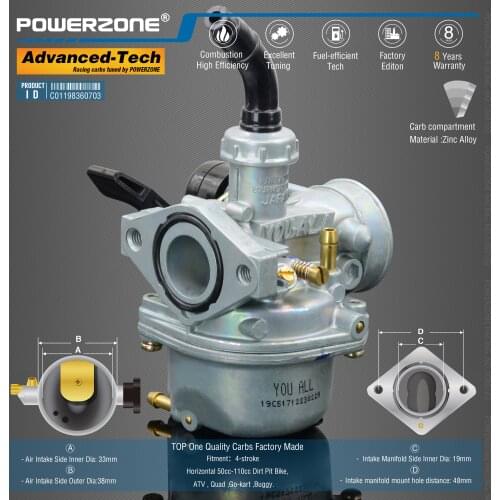 Powerzone Carburetor PZ19 19mm CVK Accelerator Pump Carb For Horizontal 50cc-110cc Dirt Pit Bike,ATV , Quad ,Go-kart ,Buggy