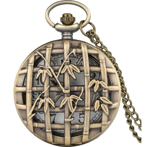 Classic Bronze Hollow-out Quartz Pocket Watch Men Women Bamboo Cover Case Pendant Chain Necklace Chain Arabic Numerals Dial Gift