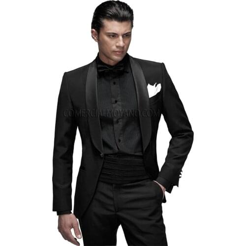 Classic Mens Suits Groomsmen Shawl Satin Lapel Groom Tuxedos Black Wedding Best Man Suit (Jacket+Pants+Tie+Girdle) B655