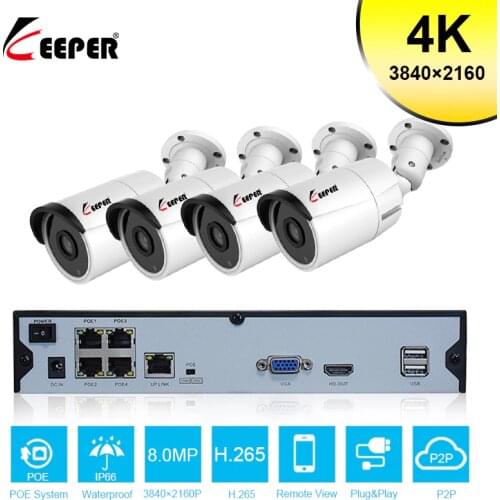 Keeper 4K Ultra HD 4CH POE NVR Kit with 4 pcs 8MP Cameras Security System 8MP CCTV System IR Night Vision Video Surveillance Kit