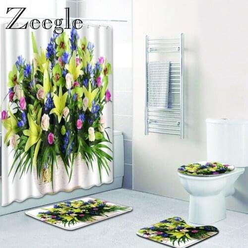 Zeegle Printed Bath Mat Set with Shower Curtain Bath Mat Set Pedestal Rug Lid Toilet Cover Waterproof Bath Curtain with Hooks